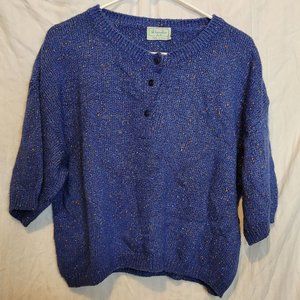 Vintage Benetton Sweater Short Sleeves Blue Variegated Orange Flecks Med Lg